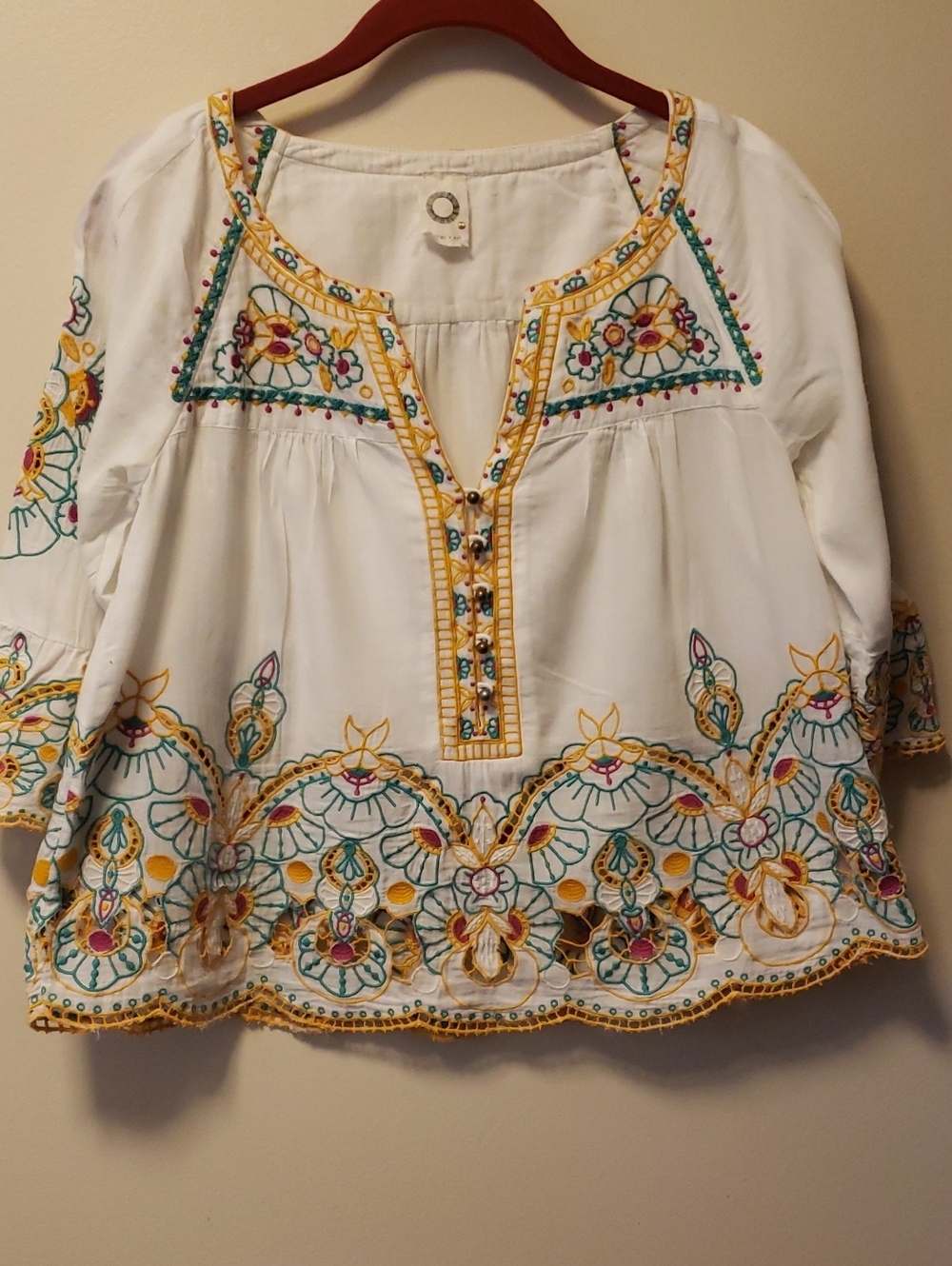 Anthropolgie Akemi & Kim Embroidered Peasant Top with Multicolor Floral Accents